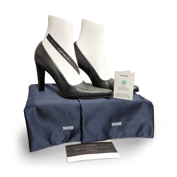 Prada Womens Dark Gray Leather Italy Slip On Stiletto Pump Heels Size 37.5 - Picture 12 of 12